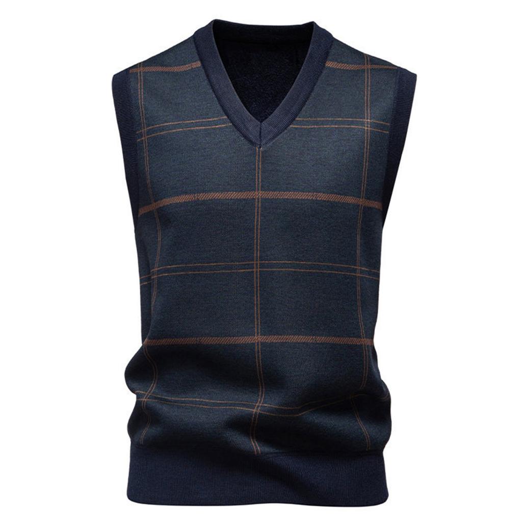 Men's Winter Fleece-Lined Plaid Vest, Pullover, Loose-Fitting Men's Sleeveless Sweater Vest