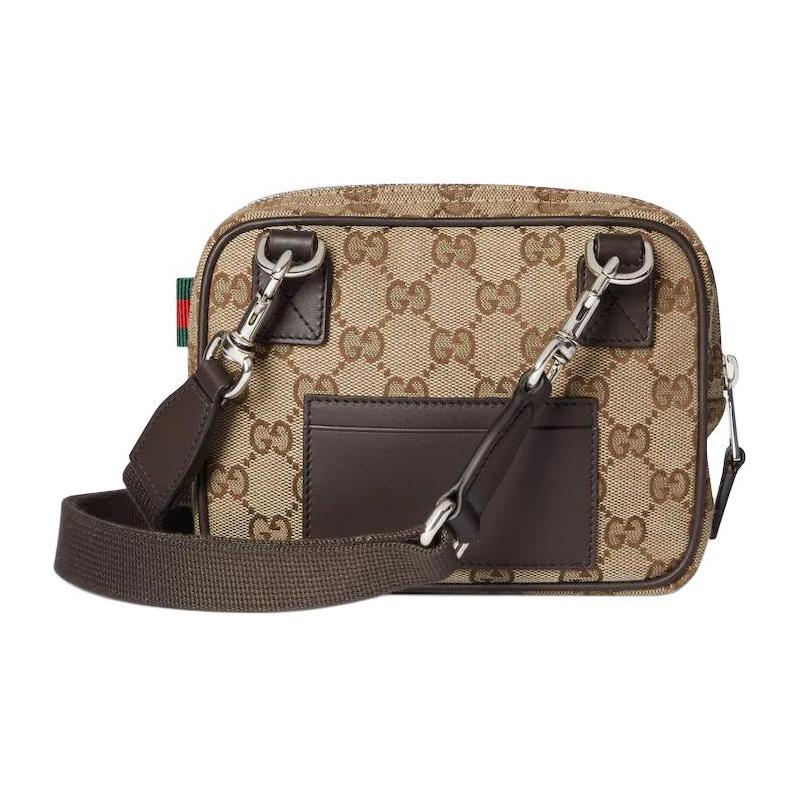 Gucci Classic Double G Pattern Design Zipper Closure GG Canvas Shoulder Bag Mini Men's Beige and Dark Brown