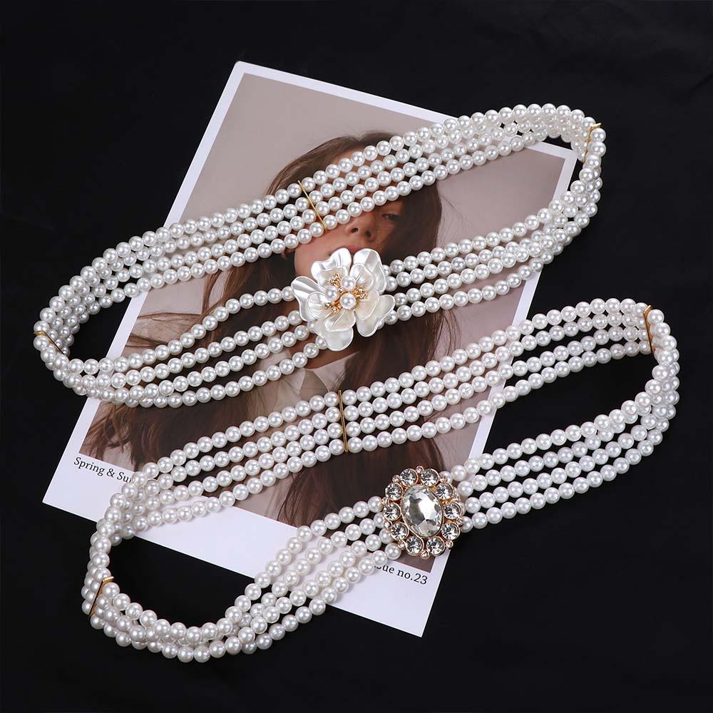 Long Flower Metal Buckle Elastic For Girls Women Waistband Dress Decoration Korean Belt Faux Pearl