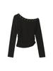 [Keren Cotton Modal] Rivet Slant Shoulder Long Sleeve T-Shirt Women's Slim Bottom Shirt Top Black American