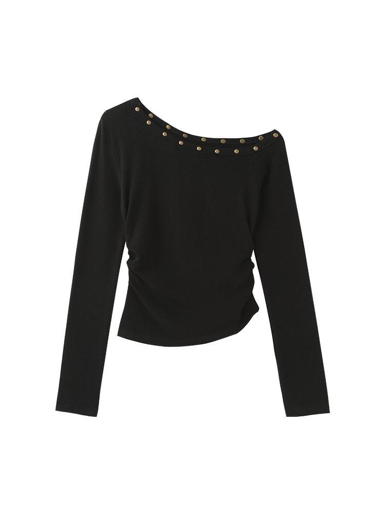 [Keren Cotton Modal] Rivet Slant Shoulder Long Sleeve T-Shirt Women's Slim Bottom Shirt Top Black American
