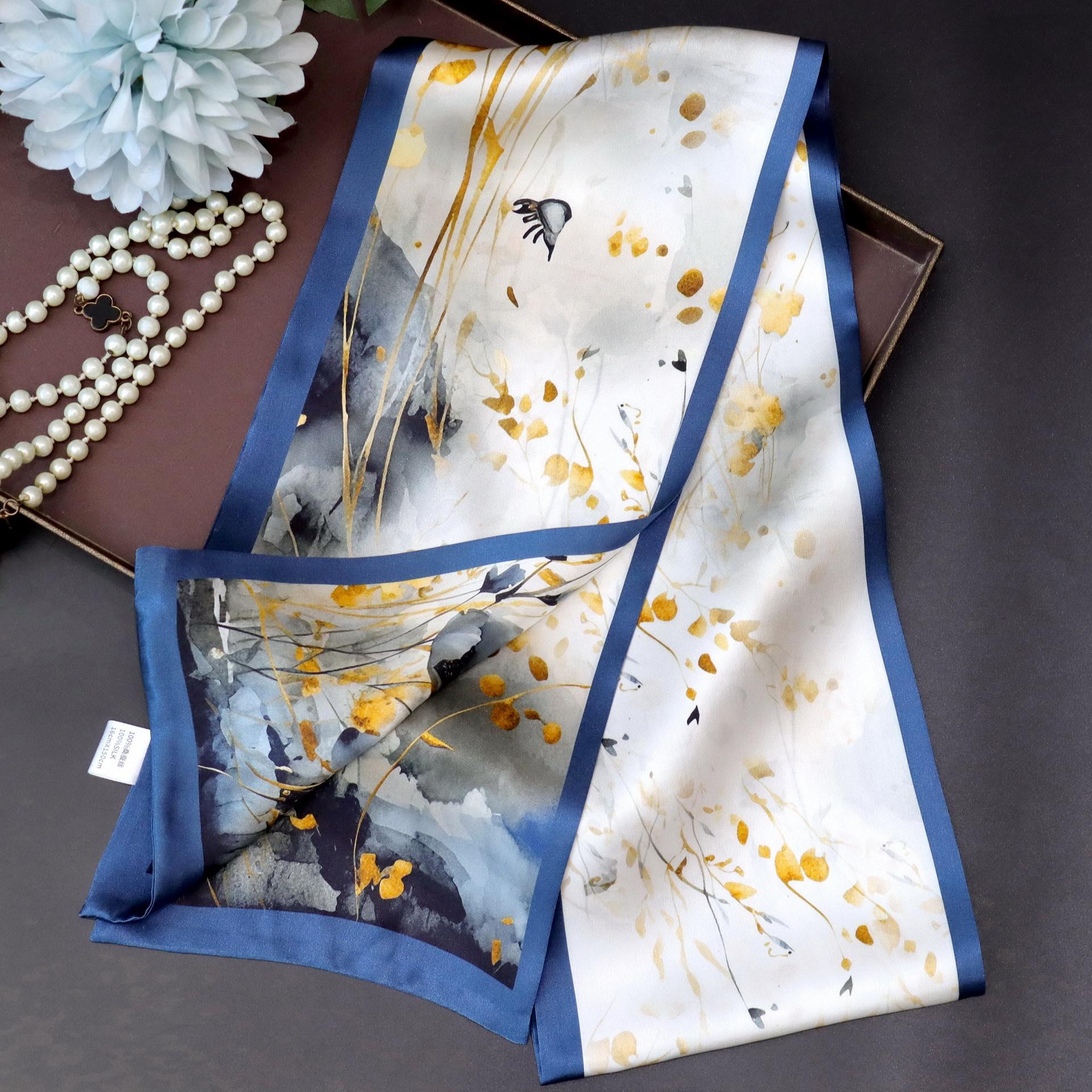 Ink painting, national tide, ancient style, Hangzhou silk scarf, national style mulberry silk ribbon, women s spring and autumn matching, 150*16CM