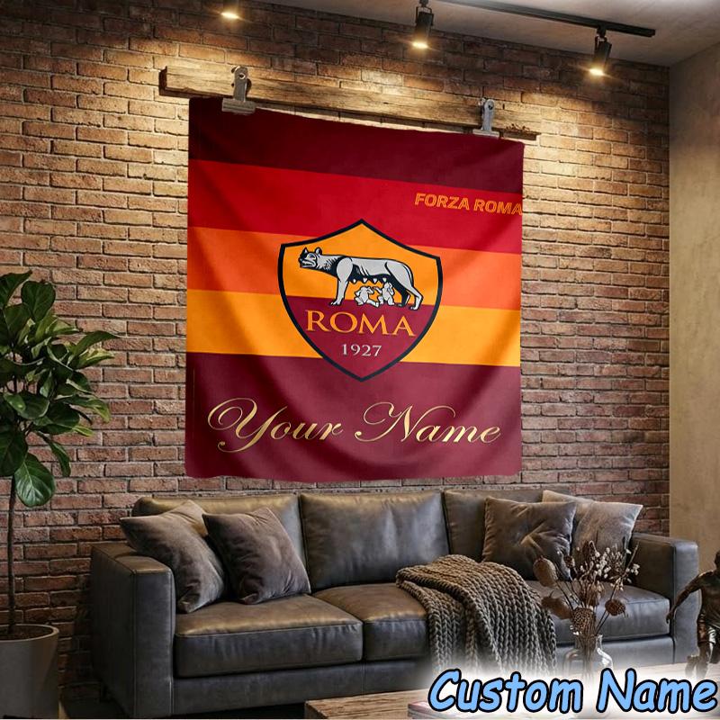 Custom Name AS Roma Football Club Emblem Tapestry Room Decoration Wall Hanging for Living Room Bedroom, dormitory, Birthday and Christmas gifts