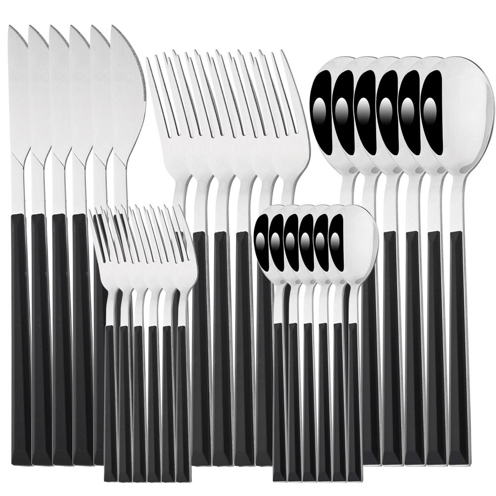 30Pcs Wood Handle Silver Dinnerware Steak Knife Fork Spoons Cutlery Set Stainless Steel Marble Flatware Kitchen Tableware Set