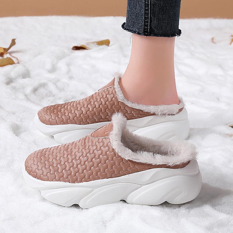 thick-soled cotton slippers winter velvet warm heel-free soft-soled cotton shoes leather bag head half slippers 36