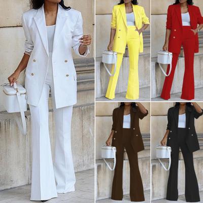 1 Set Women Blazer Pants Solid Color Wide Leg Autumn Winter Double Breasted Lapel Suit Set for Office