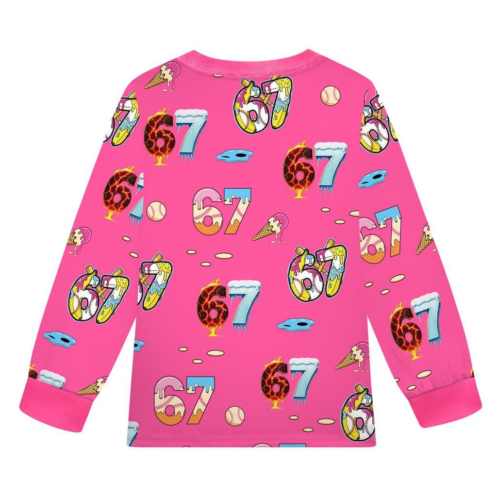 19702 Kinder Jungen Mädchen Steal a Brainrot 67 Six Seven Druck Langarm T-Shirt Hose Pyjama Nachtwäsche Sets
