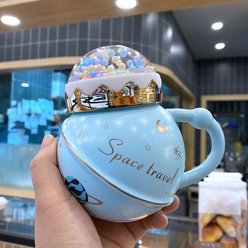 Planet Mug with Lid High Looking Drinking Water Cup Ceramic Cup Style Cartoon Cute Female Student Korean