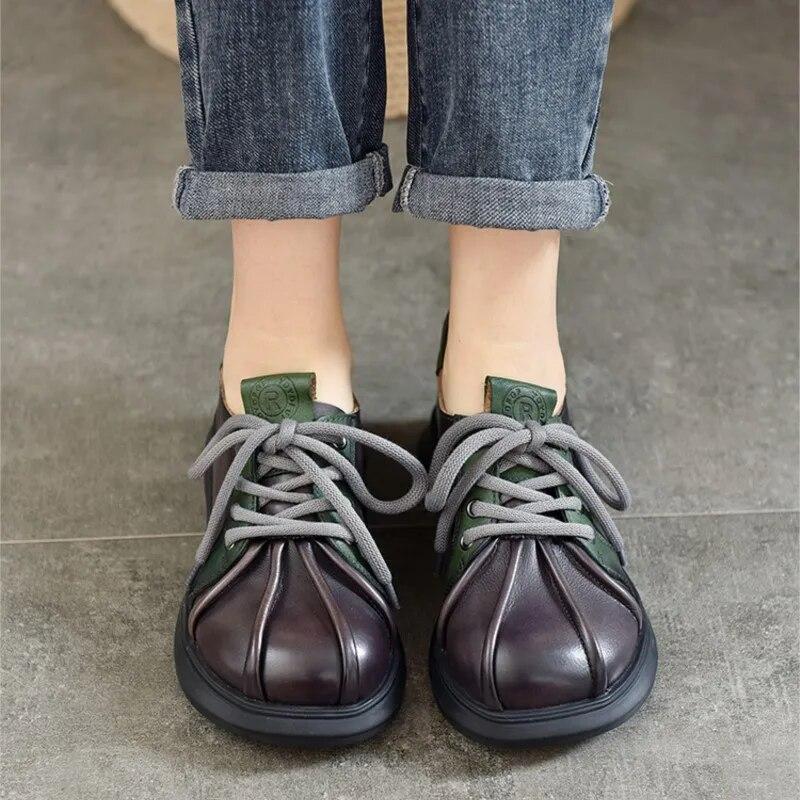 Johnature Flache Retro-Schuhe aus echtem Leder mit runder Spitze, einfarbig, vielseitige Schnür-Damenschuhe