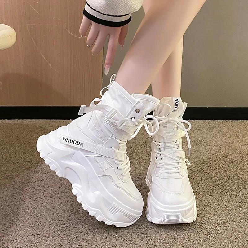 Fashion Hot Fashion Women Chunky Platform Motorcycle Boots White Lace Up Thick Bottom Shoes Woman Autumn Winter Ankle Botas De Mujer