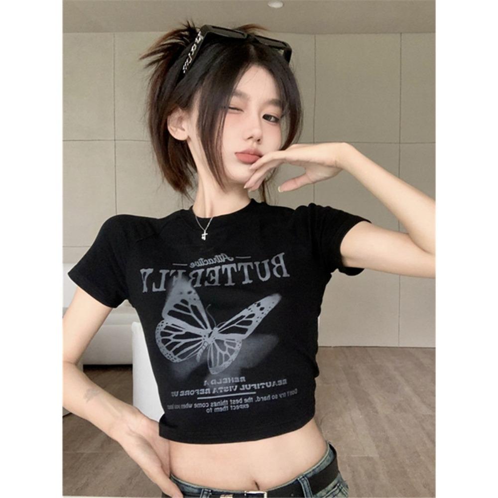 Koszulka z krótkim rękawem i nadrukiem w motyle w stylu retro, damska, letnia, sznurowana, dopasowana w talii, krótka, dopasowana koszulka