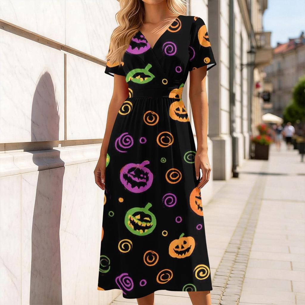 Women's V-Neck Short Sleeve Halloween Print Casual Dress for Halloween Party
