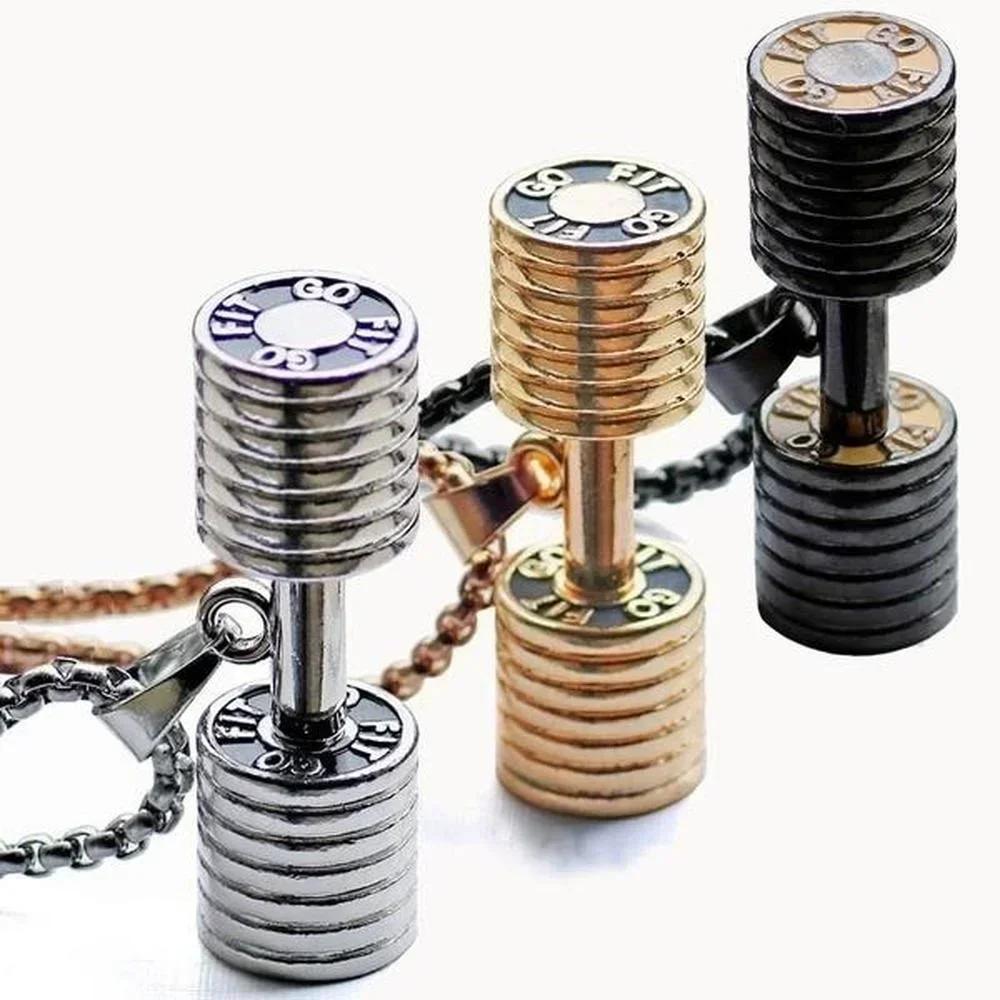 Women Creative Gifts Fashion Gold Black Silver Color Big Small Barbell Pendant Necklace Men Trendy Fitness Barbell Creative Gift