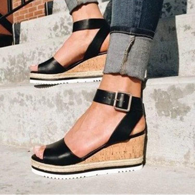 2023 Women's Plus Size Peep Toe Wedge Sandals - European & American Fashion with Buckle Strap