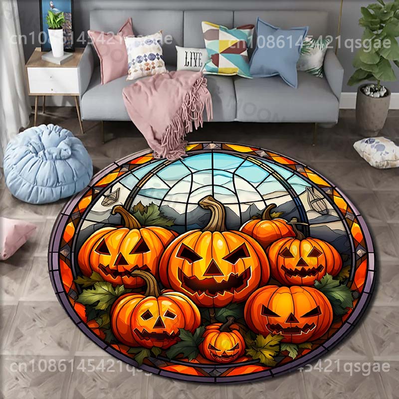 

Pumpkin Head Bat Halloween Print Round Carpet Living Room Bedroom Table and Chair Sofa Decorative Carpet and Rug Kids Play Mat Diameter -60cm