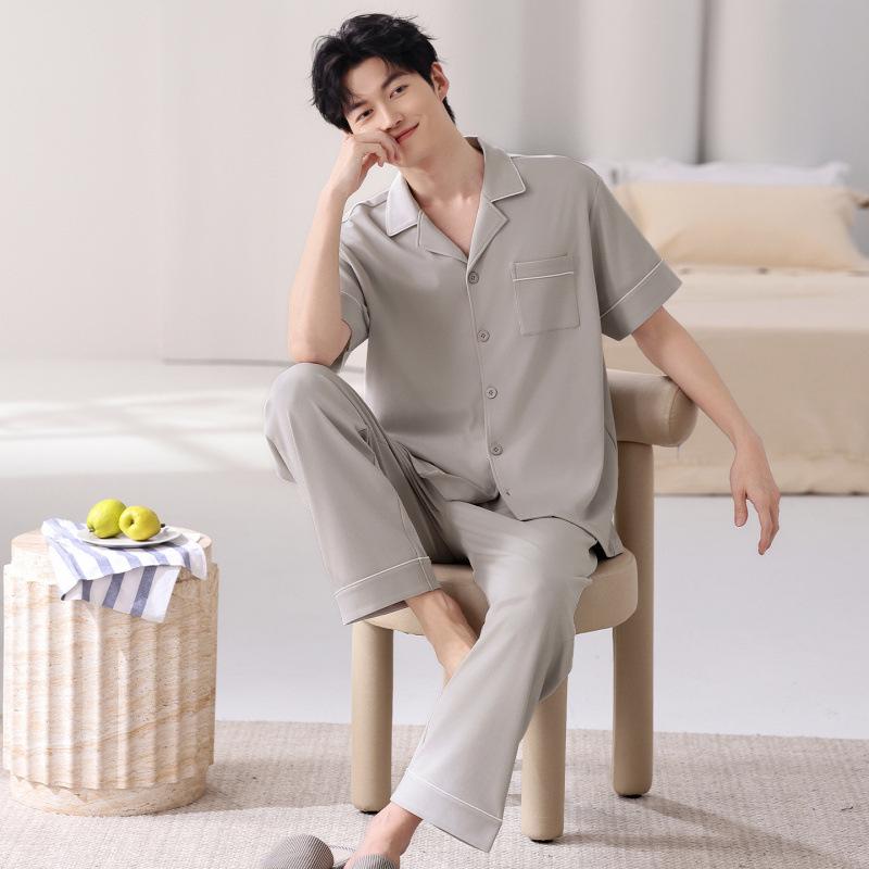 Men's 100% Cotton Summer Pajama Set: Loose Short Sleeve Top & Long Pants for Middle-Aged Dads, Plus Size, High-End Comfort Home Wear