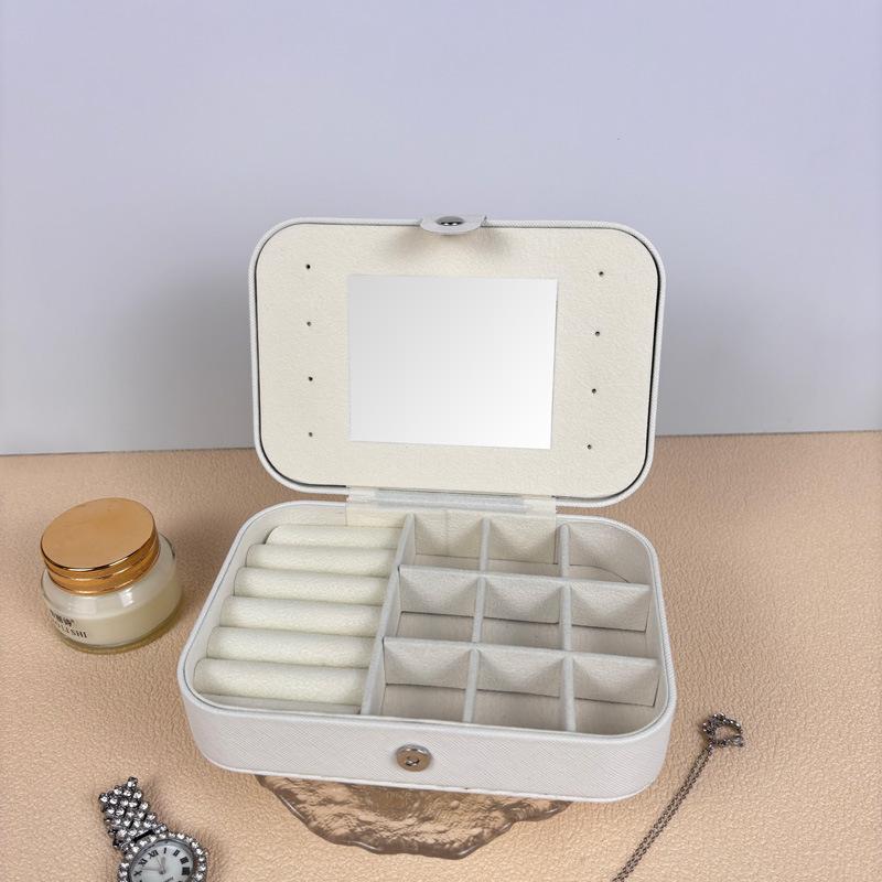 Travel Jewelry Storage Box with Mirror Solid Color Simple Earrings Ring Necklace Jewelry Box Double Layer Household Jewelry Box