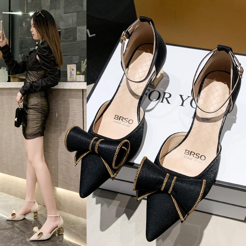 2022 Newest Pointed Toe Retro Shiny Bow High Heels Summer Ladies Wedding Bridesmaid Party Stiletto Pumps Shoes Women Shoes Heels