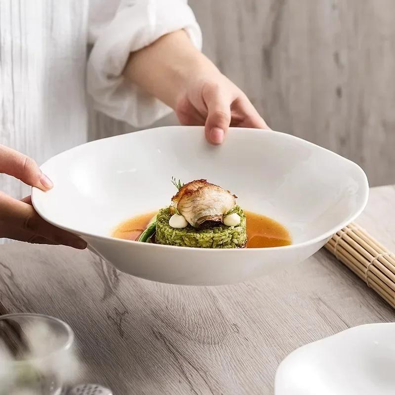 White Irregular Ceramic Plate Restaurant Salad Plate Thick Soup Plate Dessert Dish Pasta Dish Service Plates Creative Tableware
