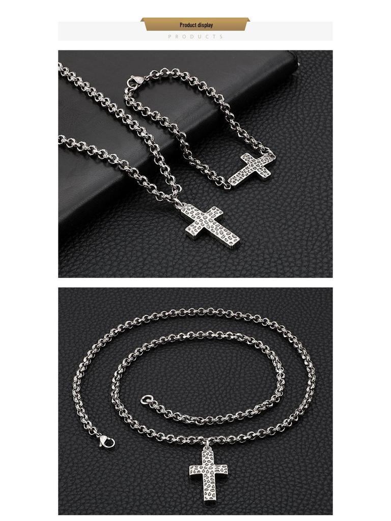 Korean Style Stainless Steel Cross Necklace & Men's Titanium Steel Bracelet Set
