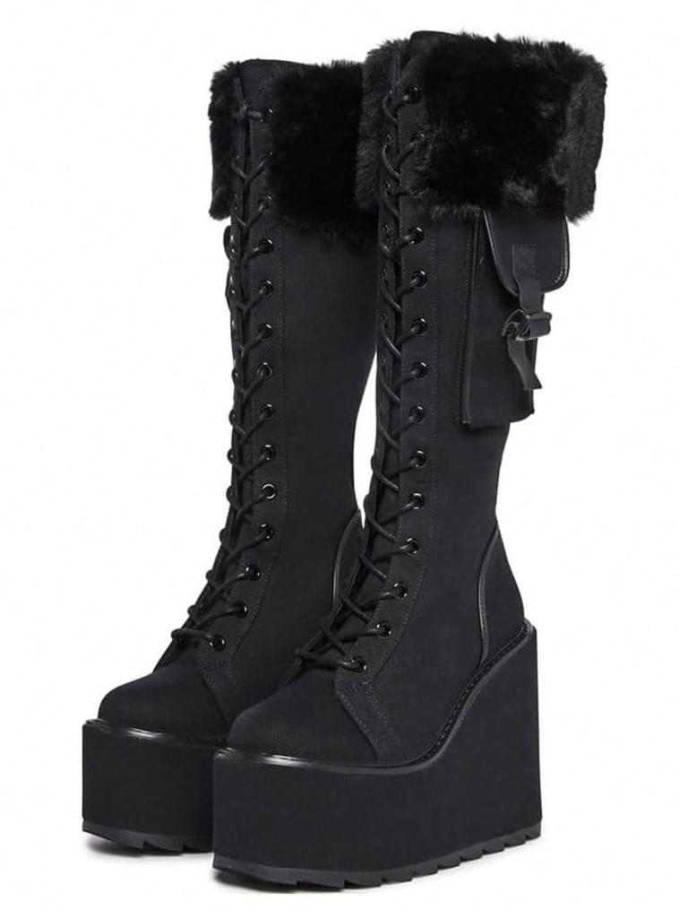 Панк Готичні Жіночі Бойові Чоботи Масивний Каблук-Клин Хутро До Середини Ікри Платформа Розкішне Зимове Взуття для Хелловіну Жіноче