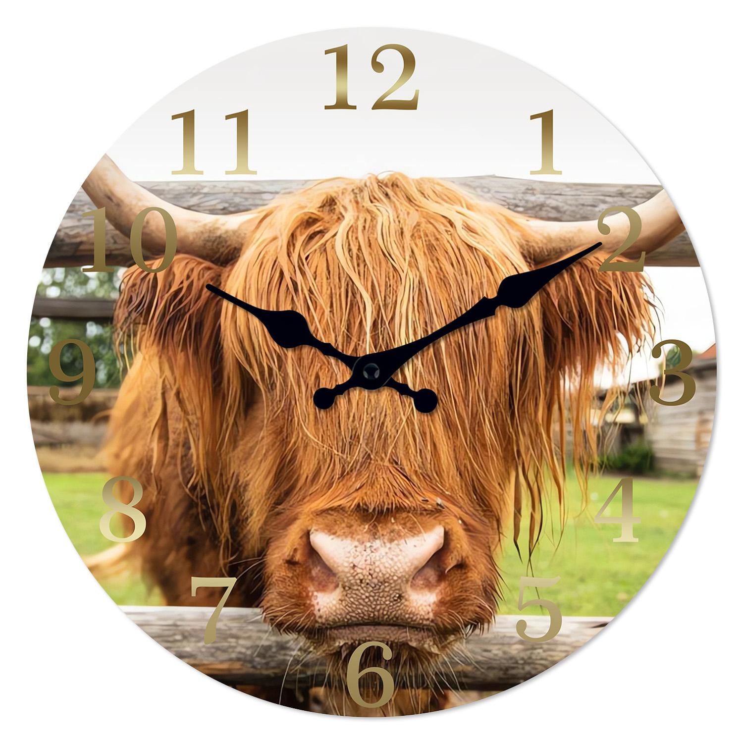 High-Quality Scottish High-Quality Highland High-Quality Cow High-Quality Wooden High-Quality Wall High-Quality Clock High-Quality Living Interior (as the picture,10 Inches)