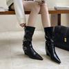 2025 autumn and winter new European and American French pointed toe heel temperament French fashion sexy beautiful women belt buckle mid boots