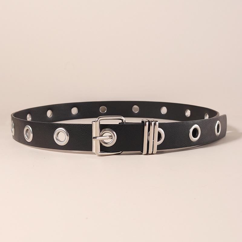 Unisex Punk Style Belt with Metal Eyelets - Full Hole Leather Design чёрный
