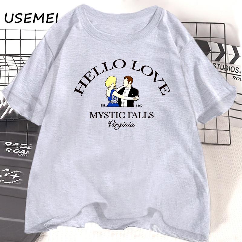 Hallo Liebe T-Shirt Damen Herren Vampire Diaries Fans T-Shirt Klaus und Caroline Tee Mystic Falls Virginia Grafik T-Shirt Damenbekleidung