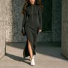 Women's Slim Fit Knit Midi Dress with Stand Collar and Long Sleeves