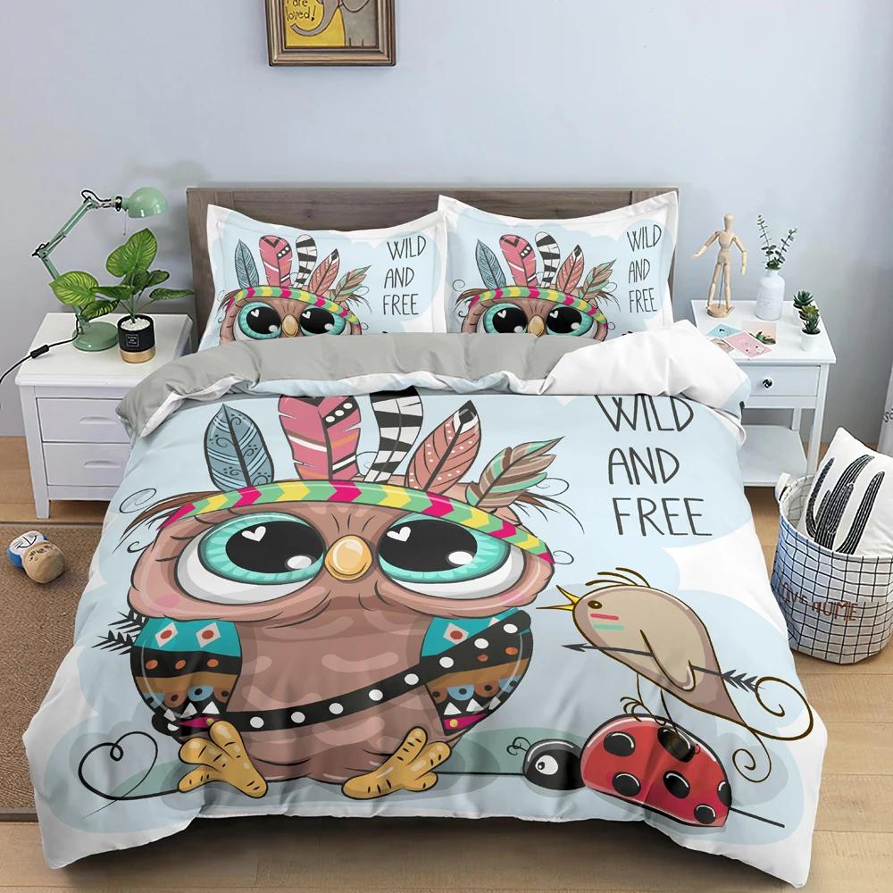 Cartoon Owl Duvet Cover Cute Night Animal For Kids Boys Girls Gifts Owl And Koala Tribal Feather Style Green Bedroom Decorations