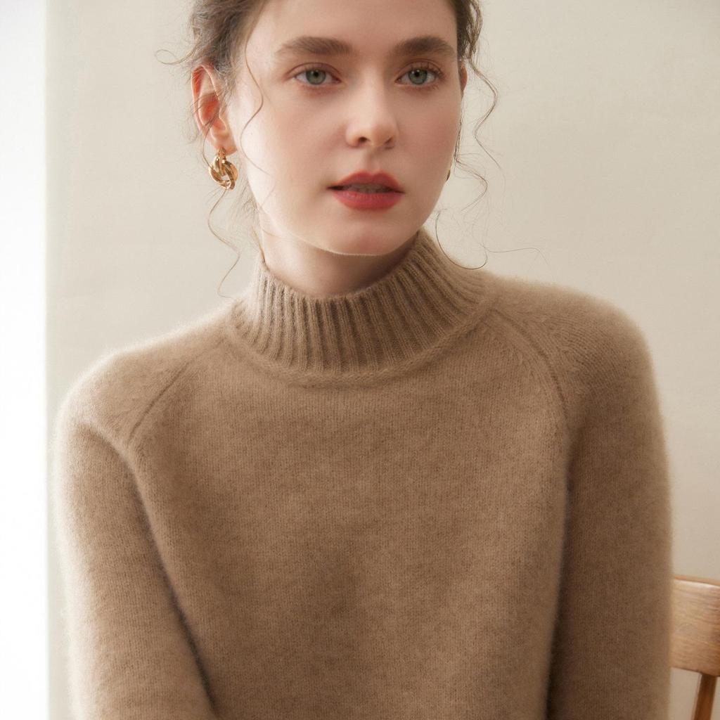 Women's Thickened Cashmere Knit Sweater: Solid Color, Loose Fit, Half-High Collar Pullover.