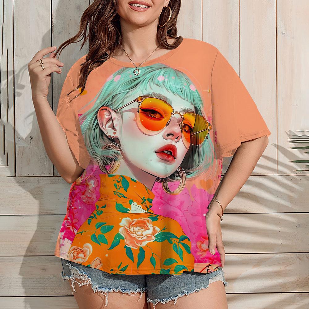 Plus Size Women's T-Shirt Summer Casual Round Neck Short Sleeve Top Fashion Girl Pattern Print Outdoor Loose Oversized Clothing