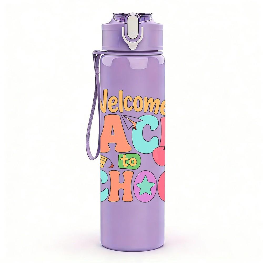 1PC Welcome Back To School Pastel 750ml Color Plastic Sports Water Bottle Leakproof Flip Straw Lid Suitable for Sports Office Home Use
