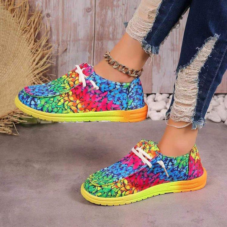Wide Lace Up Colored Low Top Single Shoe, Women's Graffiti Lazy Canvas Flat Sole Single Shoe