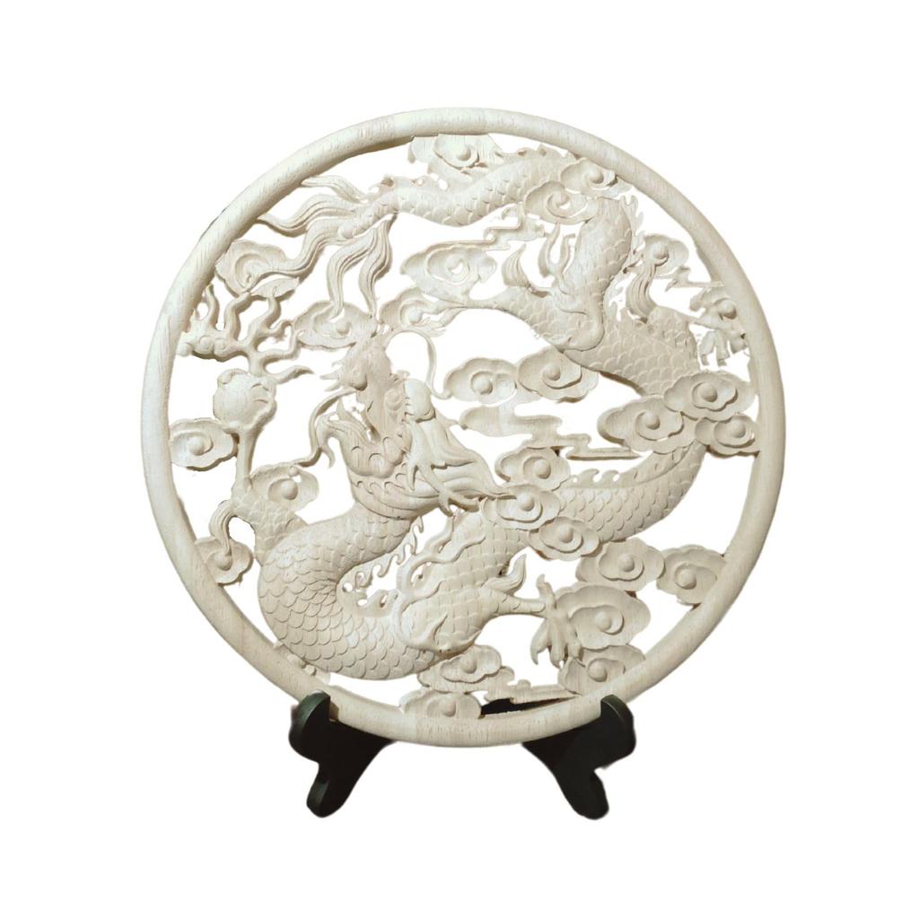 Dragon Lucky Charm Amulet Relief Wooden Good Luck Feng Shui Wood Carving Interior Object Ornament Entrance Decoration [S.T.S.G] (20cm)