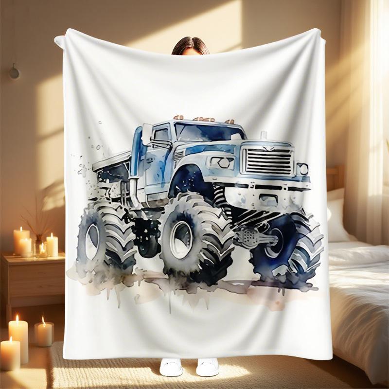 

1pc Monster Truck Blanket - Heavy-Duty All-Terrain Truck & Tires Design in Blue/White/Gray/Black - Soft Couch, Camping, Travel 130x150cm51x59in