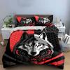 Split Black White Wolf Head Bedding Set, Red Floral Honeycomb Hexagon Cool Wild Wolf Print Duvet Set,Gothic Bedroom Decor 3PC