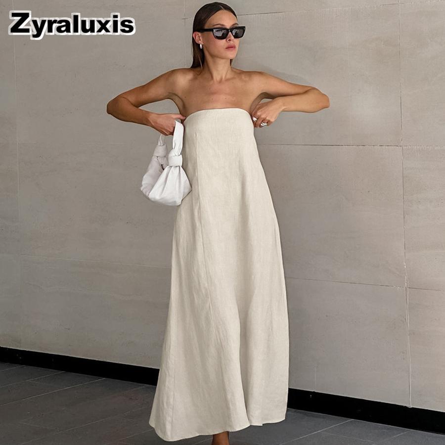 French Beige Cotton Linen Halter Ruffled High Waist Dress Summer New Long Skirt Women
