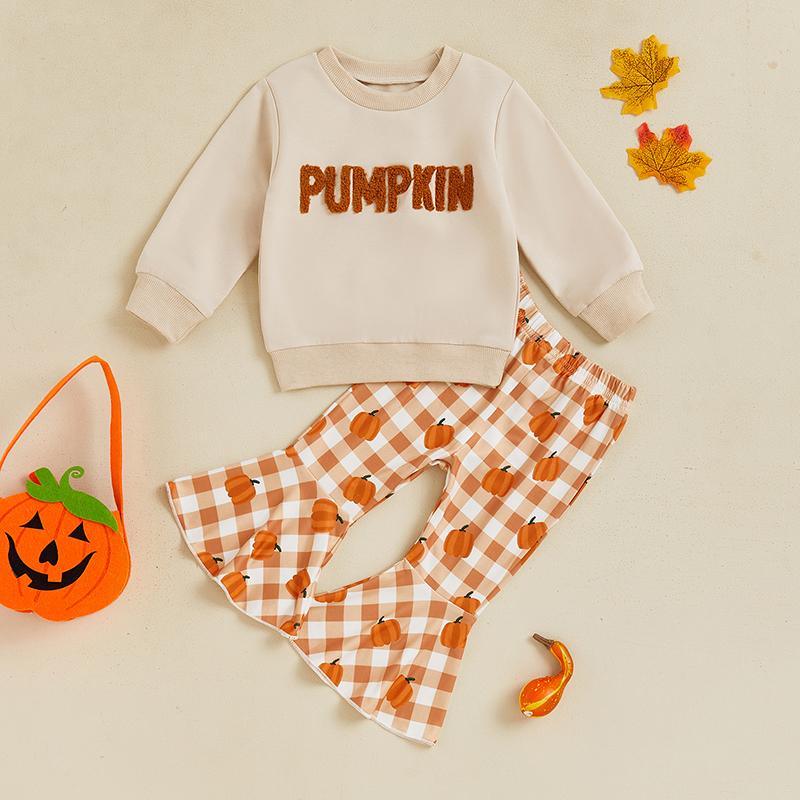 Baby Girls Halloween Set Letter Embroidered Long Sleeve Sweatshirt Plaid Pumpkin Flare Pants Outfits 70