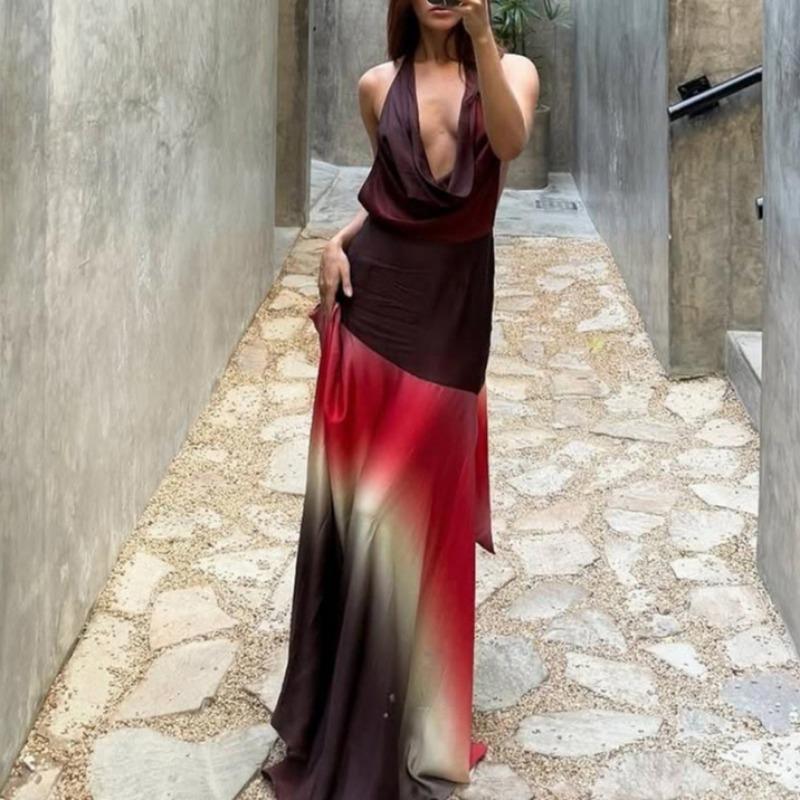 

Beauty Dress Spring and Summer New Fashion Color Collision Printing Sexy Stack Collar Backless Dress Female L коричневий