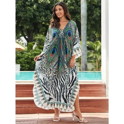 Übergröße Boho-Überzug, Damen, Pfauenfeder, Leoparden-Zebra, gemischter Druck, chinesischer Knoten, V-Ausschnitt, Maxi, lockere Passform, Strand-Kaftan