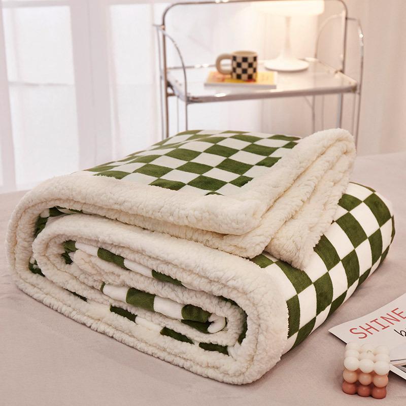 Nordic Thick Warm Checkered Blanket Double Layer Lamb Wool Leisure Blanket for Office Nap Bedspread with Edging for All Seasons