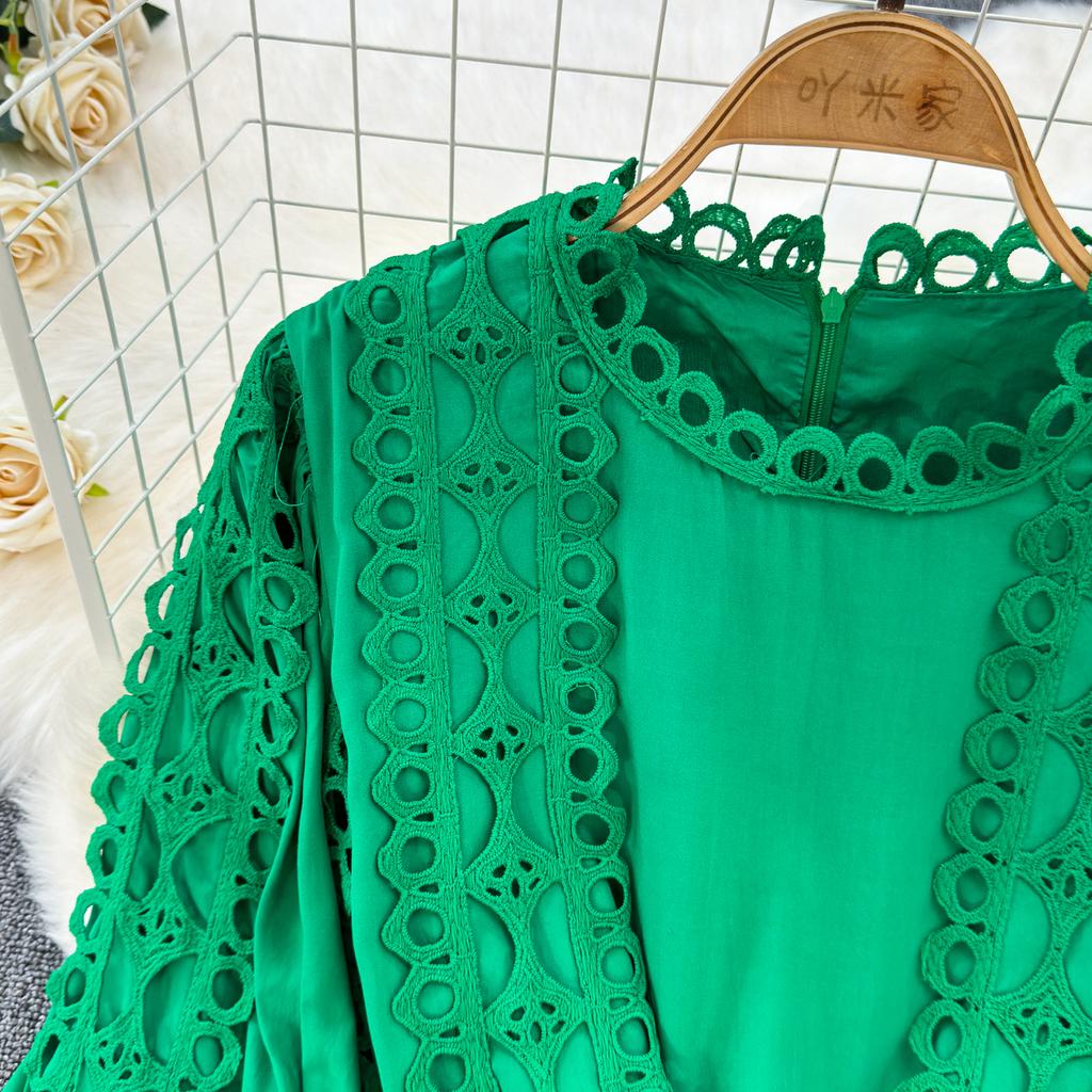 Court Style Elegant Dresses for Women Crochet Lace Hollow Out O-neck Lantern Sleeve Female Vestidos A-line Belted Dress Dropship