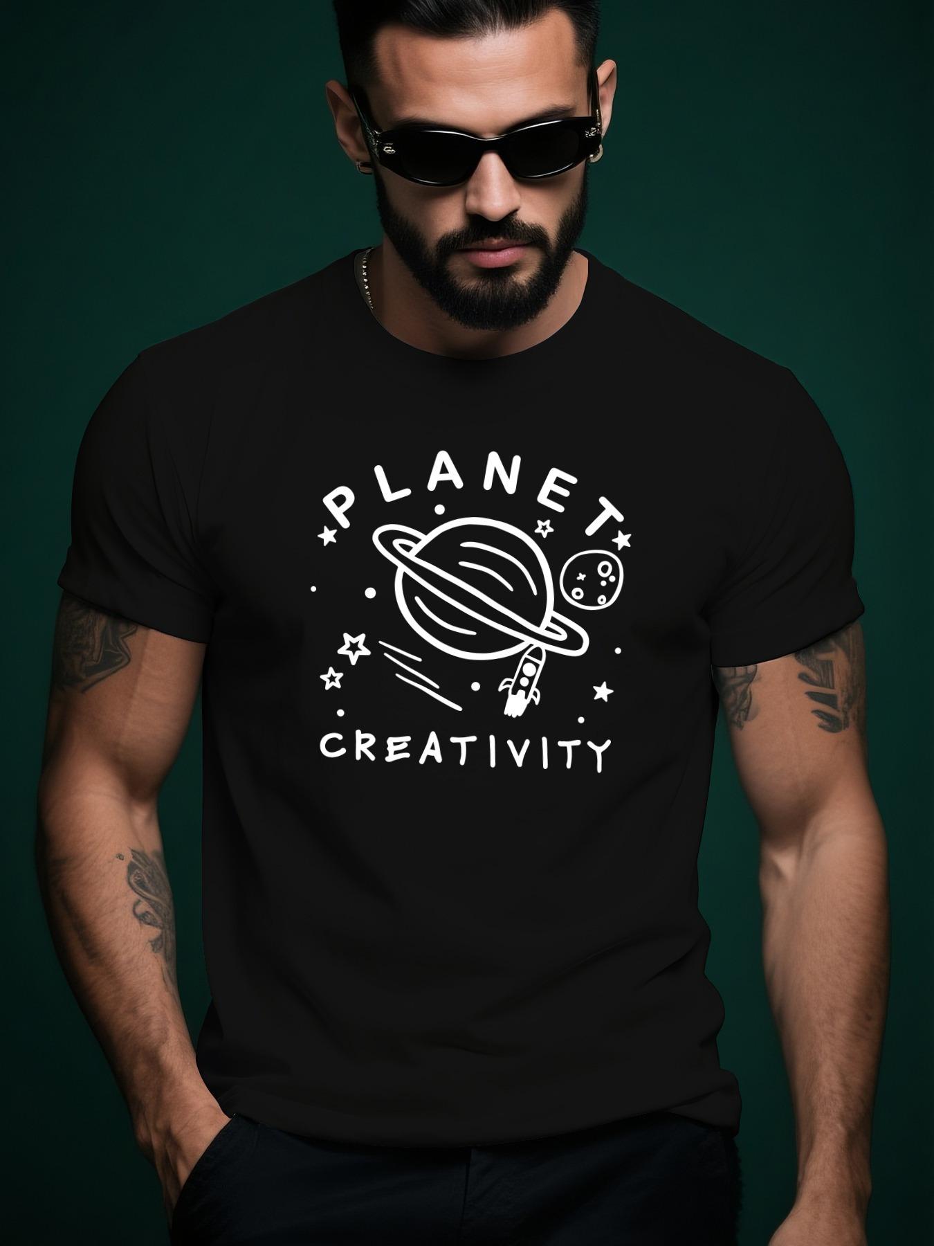 Hand-Drawn Cartoon Planet Graphic Tshirt - Blue Short Sle... M