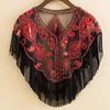 Tassel Patchwork V-Neck Cardigans Women Vintage Shawl Party Dinner Top Scarf Shawls Mesh Beaded Cloak Sequins Capelet Fringes