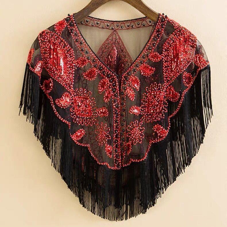 Tassel Patchwork V-Neck Cardigans Women Vintage Shawl Party Dinner Top Scarf Shawls Mesh Beaded Cloak Sequins Capelet Fringes