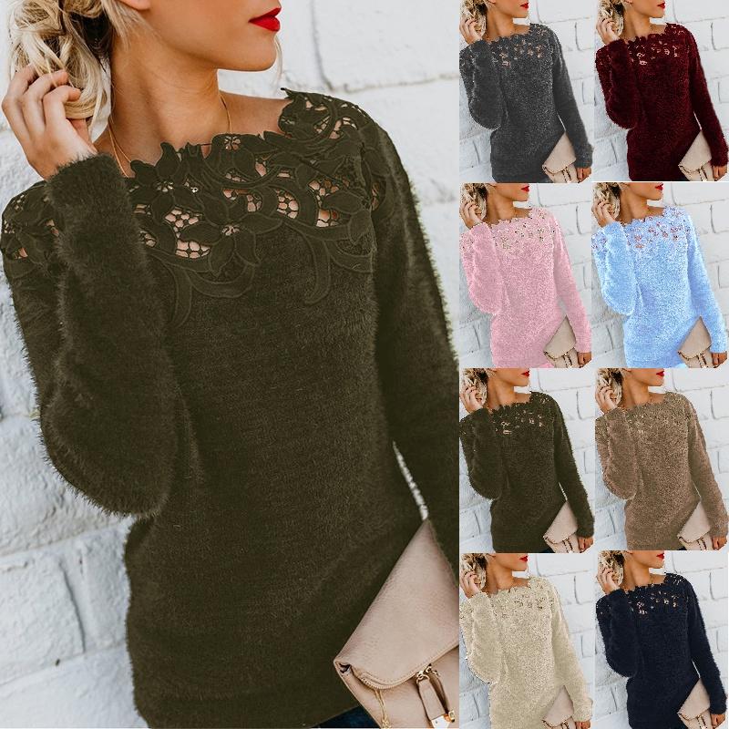 Cozy Women's Autumn Winter Fleece Sweater Tops With Elegant Lace Design For Style