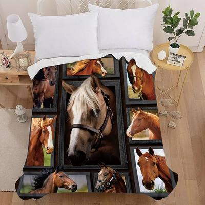 Horse Painting Art 3D Print Plush Flannel Throw Blanket Vintage Bedding Square Picnic Bed Super Soft Lightweight King Queen Size