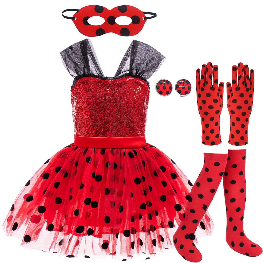 Girls Ladybug Red Costume Set with Wig Mask Dress Bag Gloves Socks Kids Halloween Cosplay Party Fancy Dress Outfit 3-10T